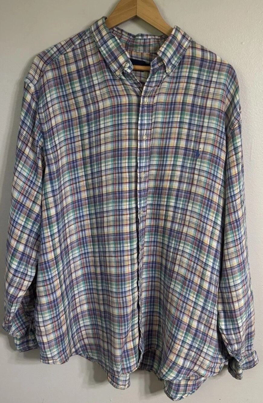 Ralph Lauren Linen Button Down Shirt Men Size 1XB Long Sleeve Plaid Check Pastel